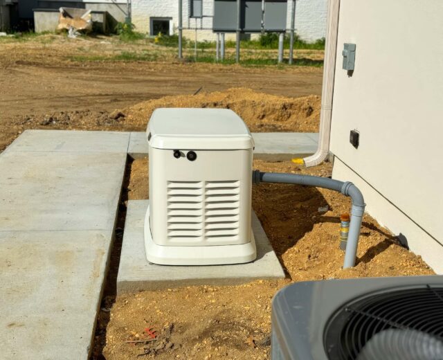 A white outdoor backup generator installed on a concrete slab next to a building, connected by a gray pipe.