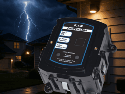A close-up of an Eaton surge protector unit mounted on an exterior wall at night, with a lightning strike visible in the sky above nearby houses.