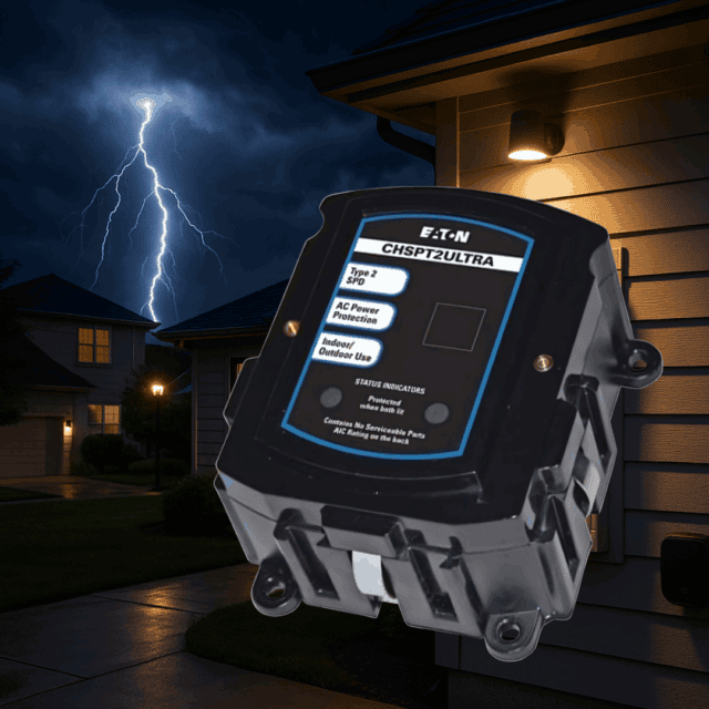 A surge protector device mounted on an exterior wall of a house at night, with a lightning bolt striking in the background.