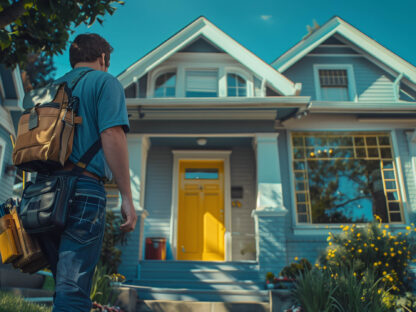 A person with a tool bag approaches a light blue house with a bright yellow door under a clear blue sky.