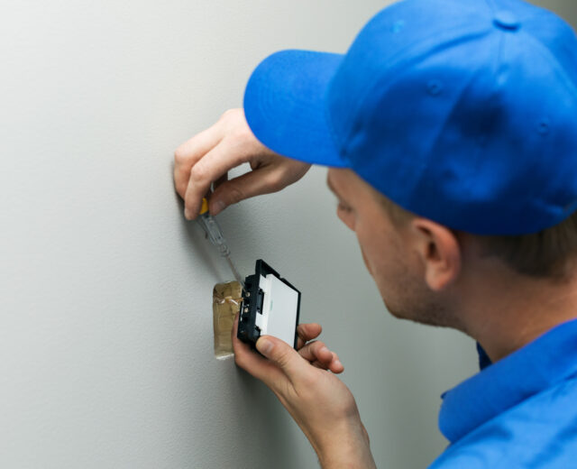 Man in a blue cap installing a wall electrical outlet.