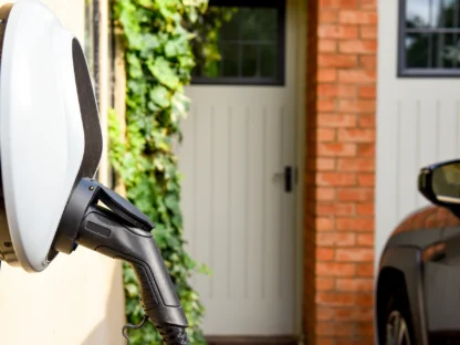 Premium EV Outlet plugged into the wall of a house to charge an electric car.