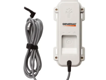 White Generac device with a cable wrapped around it, featuring a power button and indicator lights.