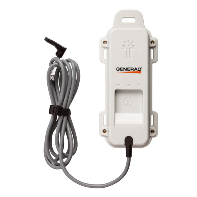 White Generac device with a cable wrapped around it, featuring a power button and indicator lights.