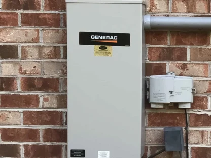 Outdoor Generac electrical panel mounted on a brick wall, with conduits and nearby utility boxes.