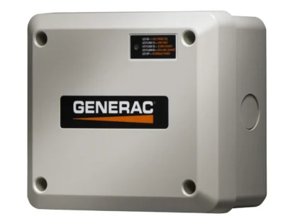 A beige Generac electrical panel box with a black and orange logo and four LED status indicators on the top right.