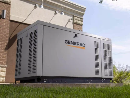 Large Generac generator on a concrete pad beside a building, surrounded by grass, with trees partially visible above.
