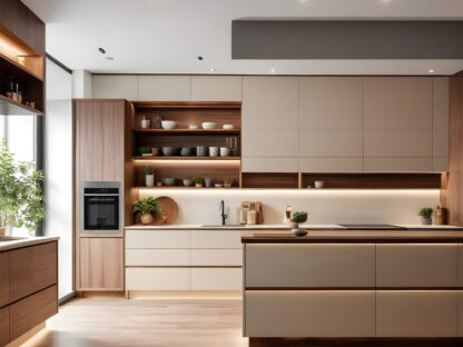 Modern kitchen with wooden cabinets, island, and open shelving. Natural light illuminates the space, highlighting potted plants and neatly arranged kitchenware.