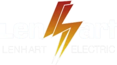Logo for Lenhart Electric, featuring stylized orange and yellow lightning bolt integrated into the text.
