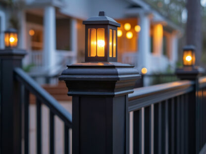 Close-up of a black lantern with a glowing light on a porch railing, with a blurred background of a house and additional lights in the evening.
