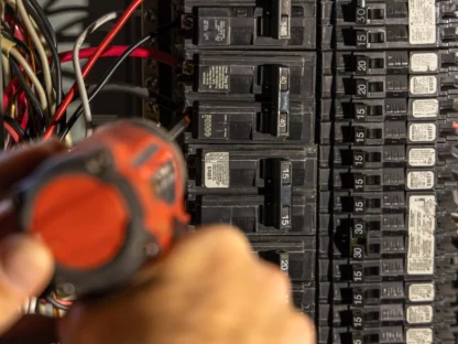 Person using a screwdriver to work on an electrical circuit breaker panel.