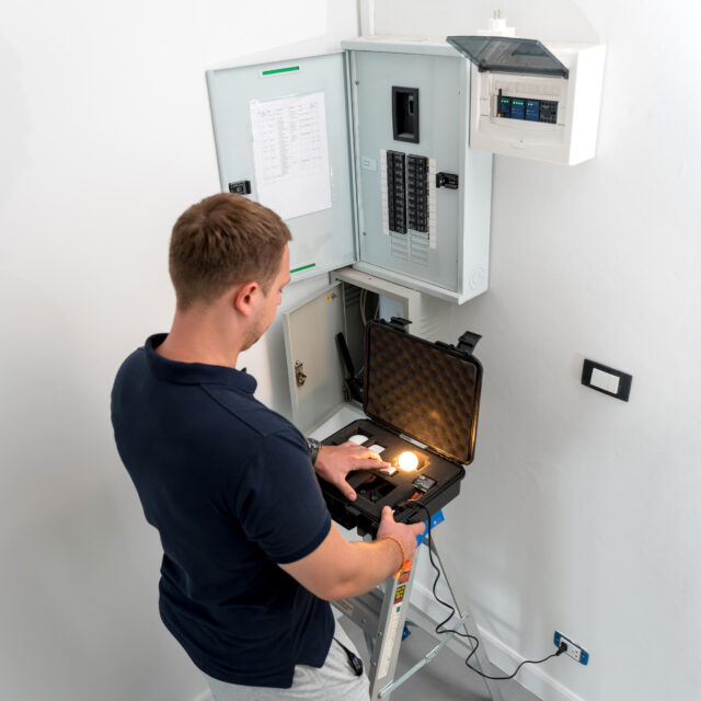 A man stands on a ladder inspecting an electrical panel with a testing device in a case, inside a white room.