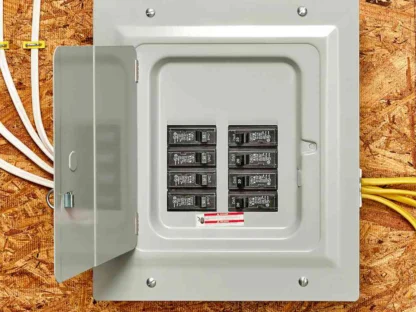 An open electrical panel with circuit breakers mounted on a plywood wall, showing wires entering from the top and right side.