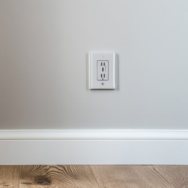 A white electrical outlet on a light gray wall above a wooden floor.